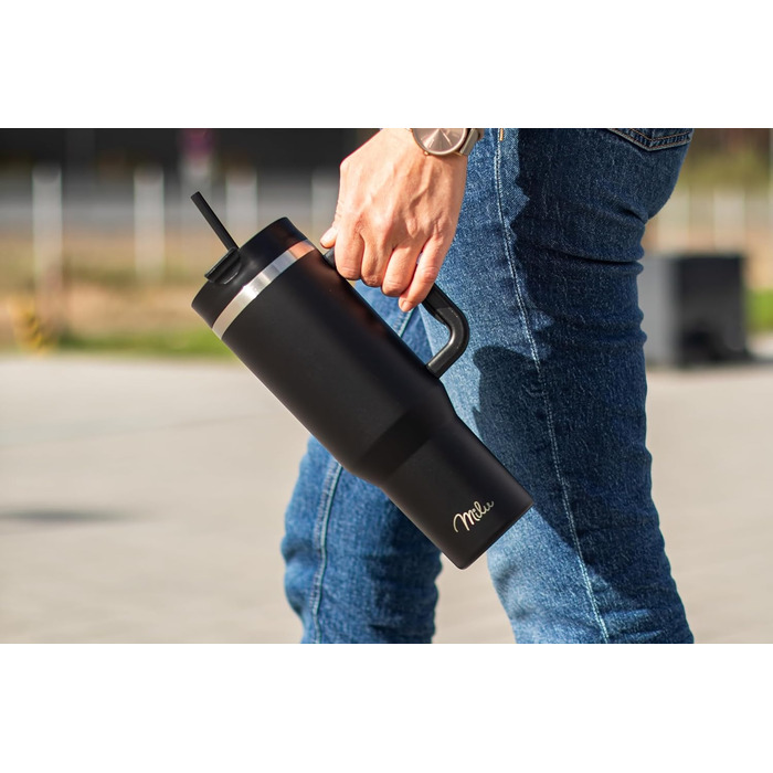 Термокухоль Milu 1200 мл з соломинкою та ручкою, нержавіюча сталь, 40oz, чорний - ізольована пляшка для напоїв на 48 годин холодного/24 години холодного/12 годин гарячого