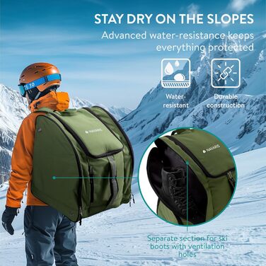 Нарис Рюкзак для лиж Зелений - Великий об'єм & водовідштовхувальне покриття - Кишенька для лижних черевиків та шолому - Ідеально для лижного спорядження.