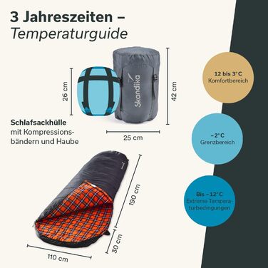 Спальний мішок Skandika Vegas Flanell XXL - для кемпінгу, 3 сезони, до -15°C, 220x110 см (Чорно-помаранчевий)