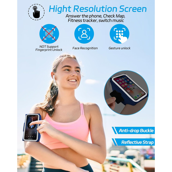 Спортивний браслет для телефону: тримач для iPhone 17/16/15/14/13 Pro Max, Galaxy S25/S24/S23 Ultra (до 6.9 дюймів), блакитний