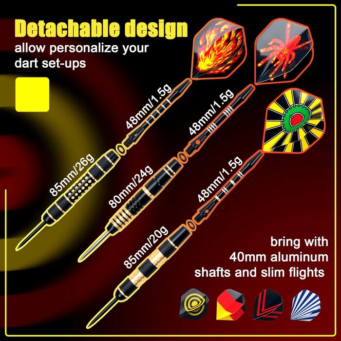 Дарти Alyoen 12 шт. металеві, 20/24/26 г, професійні, комплект з алюмінієвими стержнями, пір'ями, точилом, захистом та гумовими кільцями