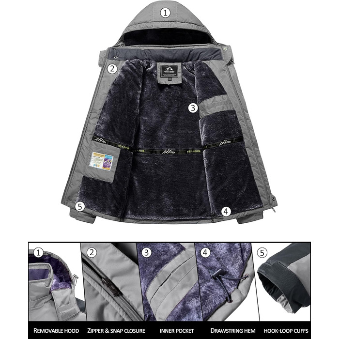 Зимова куртка KEFITEVD для чоловіків: водонепроникна, тепла, з підкладкою, для катання на лижах, на вулицю, вітронепроникна, дихаюча, функціональна куртка з відстібаною капюшоном, світло-сіра, XL