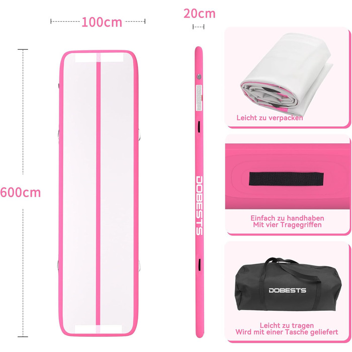 Мат для гімнастики DOBESTS Airtrack Matte рожева 600x100x20 см з насосом та сумкою