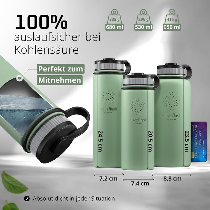Фляга ACTIVE FLASK з нержавіючої сталі з трубочкою (3 кришки), BPA-free, не протікає, підходить для газованої води - спортивна пляшка, термопляшка, ізотермос, фляга для дітей, чай (680 мл, Sage)