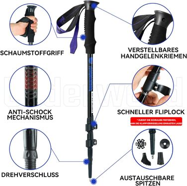 Телескопічні палиці для скандинавської ходьби та трекінгу, ультралегкі алюмінієві палиці для гірських походів з антишоковою системою, комплект 2 шт, чорні