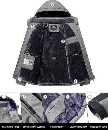 Зимова куртка KEFITEVD для чоловіків: водонепроникна, тепла, з підкладкою, для катання на лижах, на вулицю, вітронепроникна, дихаюча, функціональна куртка з відстібаною капюшоном, світло-сіра, XL