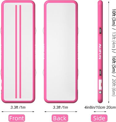 ALIFUN Гімнастичний надувний мат для гімнастики та акробатики надувний, 2м/3м/4м/6м, 10/20см заввишки, з насосом, для дому, фітнесу, тренувань, чирлідингу, басейну, рожевий, 300x100x20 см