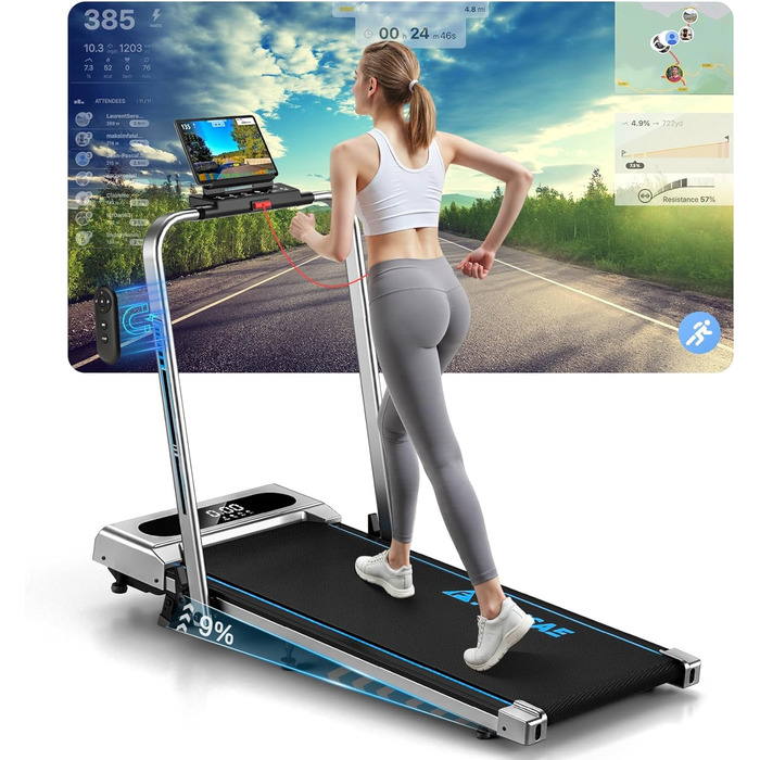 Біговий доріжка для дому 5-в-1, складаний, з підйомом до 9%, потужність 2.75HP, 12 HIIT програм, дистанційне керування та додаток, до 160 кг, срібно-блакитний