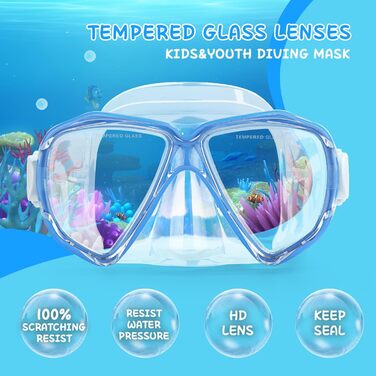Дитячі окуляри для плавання Kinder Taucherbrille 180° Антизапітніювальні, з загартованим склом та захистом носа, для хлопчиків та дівчаток 4-15 років (Сині)