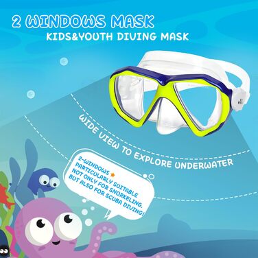 Дитячі окуляри для плавання Kinder Taucherbrille 180° Anti-Fog, жовті. Маска для снорклінгу з захистом носа та загартованим склом для хлопчиків та дівчаток 4-15 років