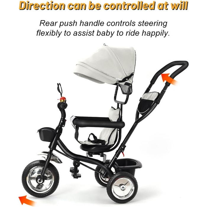Триколісний велосипед 4-в-1 для дітей від 1 року з батьківською ручкою – дитячий триколіс для 1-4 роки до 25 кг, регульована батьківська ручка, поворотне сидіння, складаний навіс та кошик – компактний та безпечний (світло-сірий)