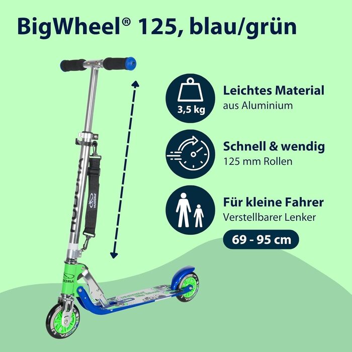 Дитячий алюмінієвий самокат HUDORA BigWheel 125, міський, складаний, регульований, до 100 кг, з ременем для перенесення