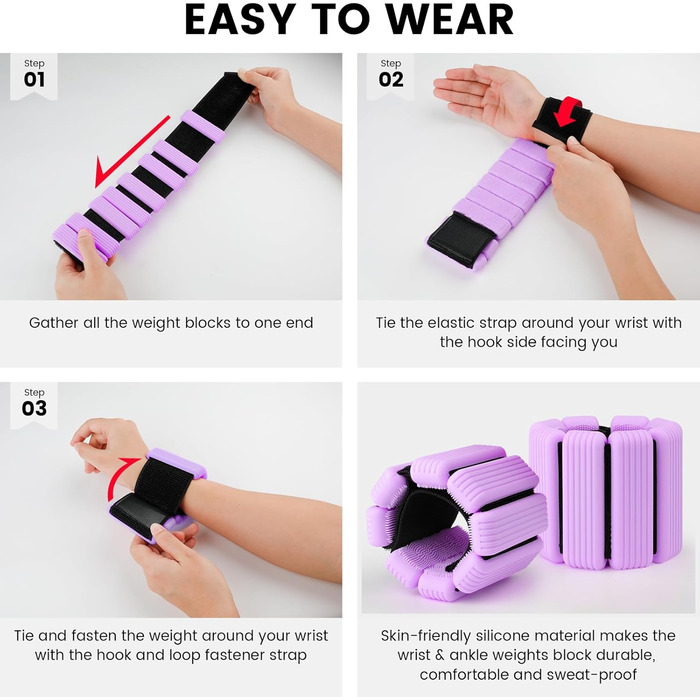 Ваги для ніг та рук, регульовані | Набір 2 шт (1 кг пара, 0,5 кг кожний) | Силіконові ваги на зап'ястя для жінок | Йога, Пілатес, танці, балет, біг, плавання, кардіо (фіолетовий)