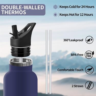 Термос-пляшка 1000 мл, не містить BPA, з нержавіючої сталі, з подвійними стінками, ізольована, для води, з трубочкою, для газованих напоїв, темно-синій