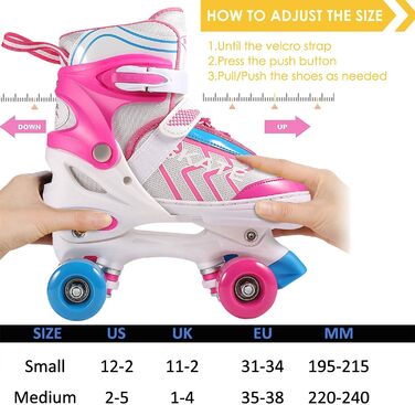 Роликові ковзани Hikole для дітей, початківців, регульовані, 8 PU-коліс, для хлопчиків та дівчаток, рожеві, розмір S (31-34)