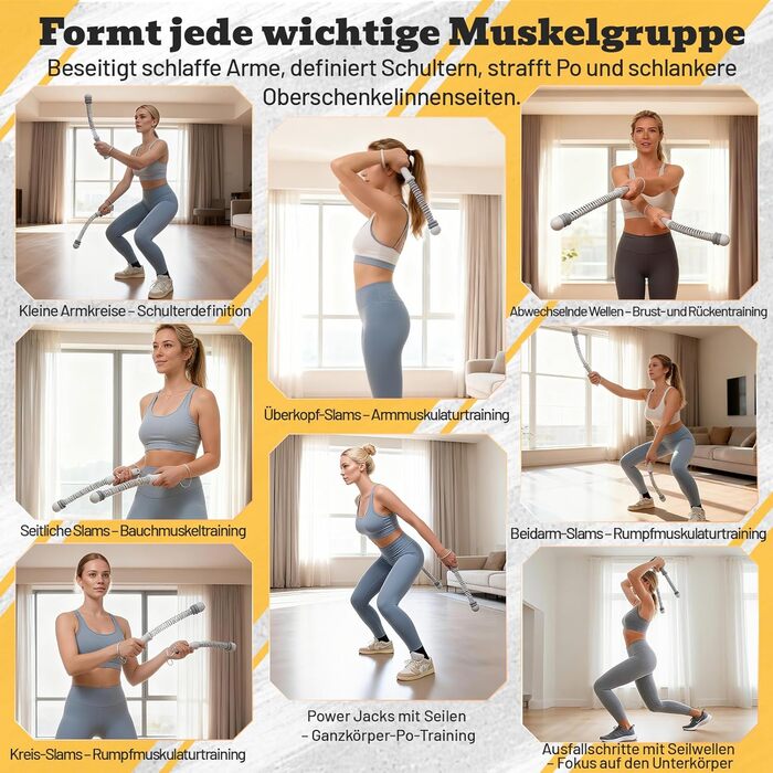 Бойова мотузка з навантаженням (без мотузки) - регульована бойова мотузка для дому, тиха мотузка без мотузки з силіконовими ручками для тренування всього тіла, спалювання жиру та силових тренувань (сіра)