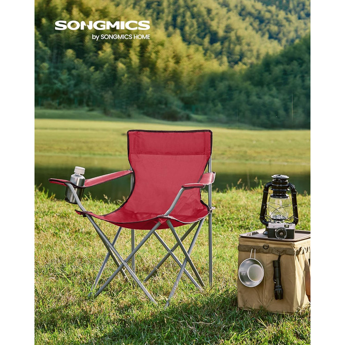 SONGMICS Крісла для кемпінгу, складні, вуличні, зручні, з підлокітниками та тримачем для напоїв, стабільний каркас, вантажопідйомність 120 кг, 2 шт (Червоний)