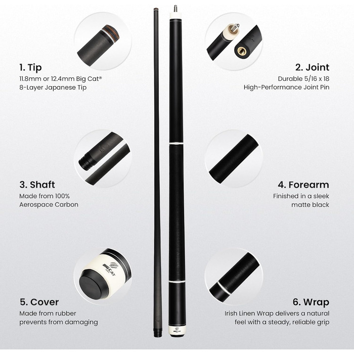Більярдний кий Big Cat Carbon Gold Series з карбоновим шафтом Pro Taper 12.4 мм, чорне ірландське лляне обмотування (20oz, GLD-1)
