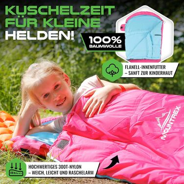 Дитячий спальний мішок MOUNTREX® - 175x70x45 см - для кемпінгу, подорожей, відпочинку на природі. 100% бавовна, рожево-блакитний, легкий, компактний, мумієподібний.