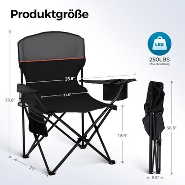 Набір з 2 шт. складаних стільців для риболовлі та відпочинку на природі High Point Sports, до 120 кг, з підстаканником та відділенням для охолодження, чорний