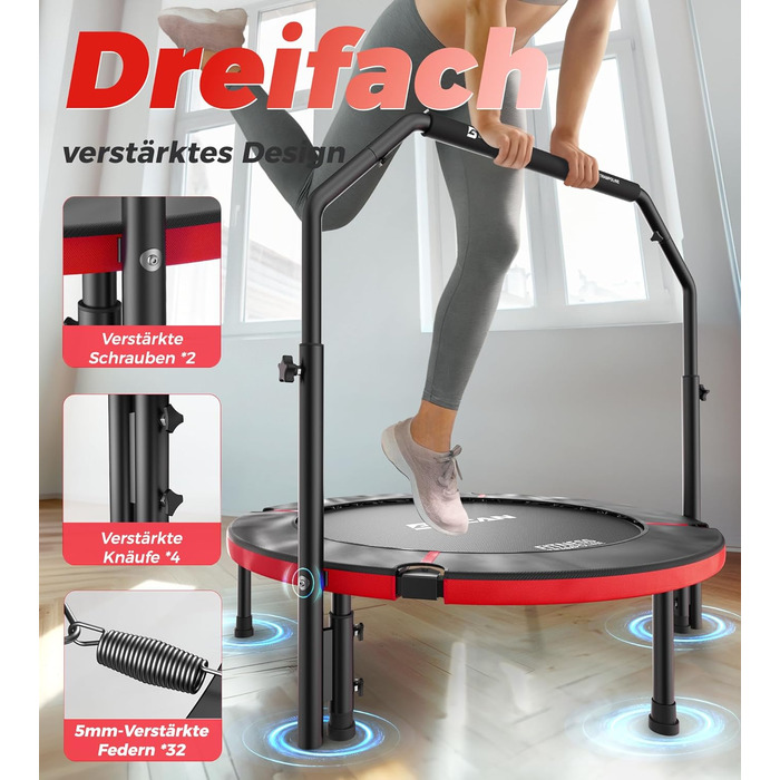 Міні-батут BCAN для дому, 102 см, складний, для дорослих, з регульованою ручкою, вантажопідйомність 150 кг, для фітнесу та тренувань вдома