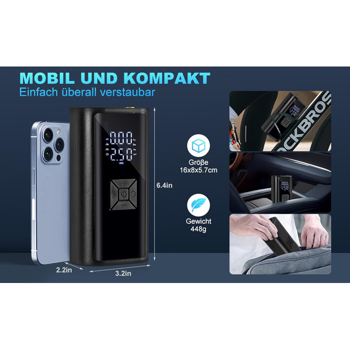 Портативна акумуляторна повітряна помпа для велосипеда - Hofeny, компресор, LED-ліхтар, для авто та мотоцикла