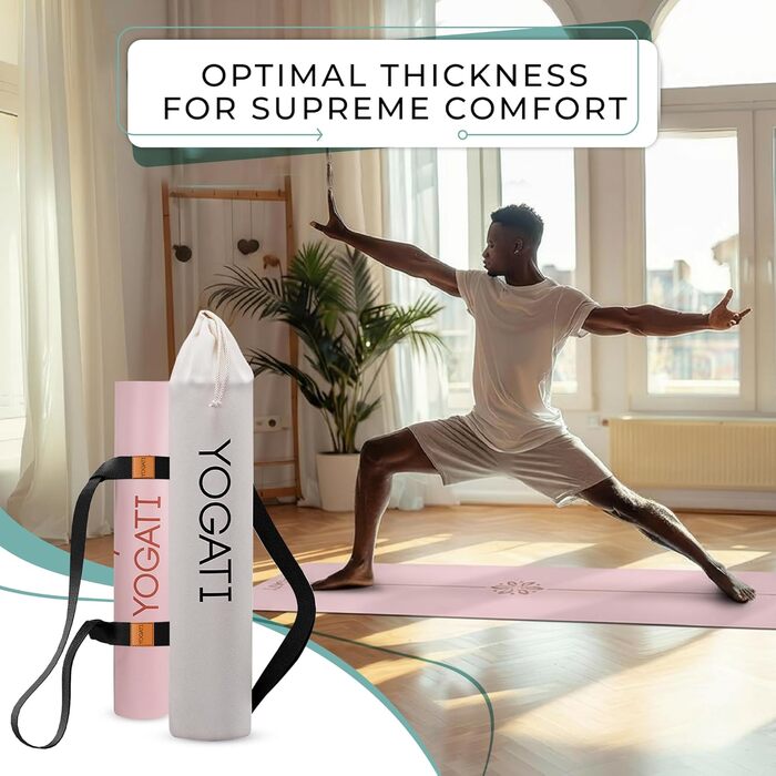 Протиковзкий килимок для йоги та фітнесу YOGATI з натурального каучуку, великий килимок з розміткою та сумкою для перенесення, рожевий