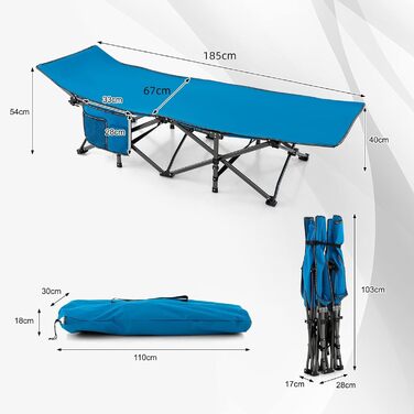 GYMAX Складне кемпінгове ліжко 185 x 67 x 54 см, польове ліжко, портативне, з бічною кишенею, до 270 кг, Oxford-тканина, зелене (блакитне)