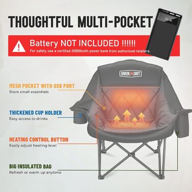 Овермонт: Обігрівальний XL стілець для кемпінгу, дорослий – складаний стілець, ідеальний для зимових походів, кемпінгу та риболовлі (Чорно-сірий)