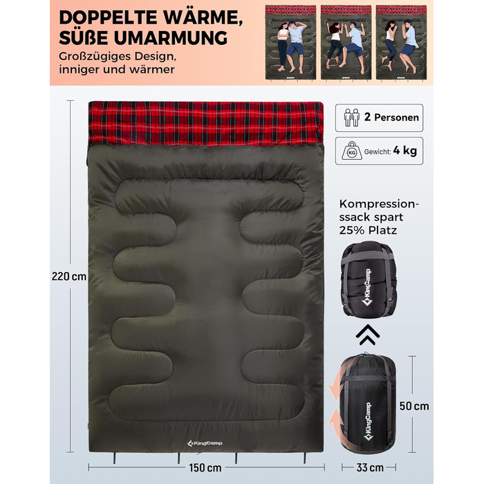 Спальний мішок KingCamp на 2 особи з фланелі, зимовий, для кемпінгу та відпочинку на природі, 3-4 сезони, з 2 подушками, підходить для дітей та дорослих (зелений)