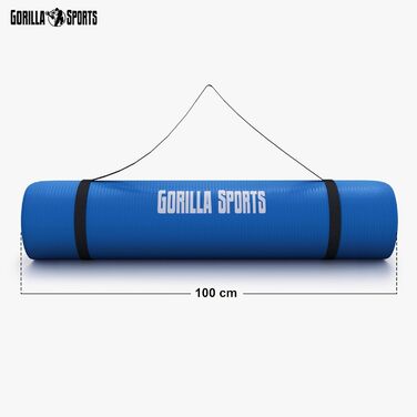 Килимок для йоги та фітнесу GORILLA SPORTS 190x100x1,5 см, королівський синій, нековзний, без фталатів, з ременем для перенесення