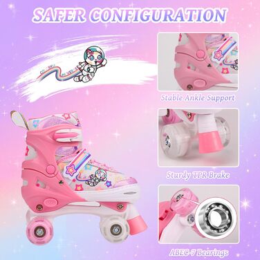 Роликові ковзани для дітей, ролики для дівчаток та початківців, регульовані, з підсвічуванням, дихаючі, для подарунка (рожеві)