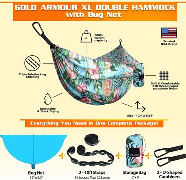 Гамак для кемпінгу Gold Armour - великий двомісний гамак з парашутної тканини (2 петлі для кріплення, 29 кольорів/дизайнів) Легкий нейлон для дорослих та дітей (Зелений, Гавайський)