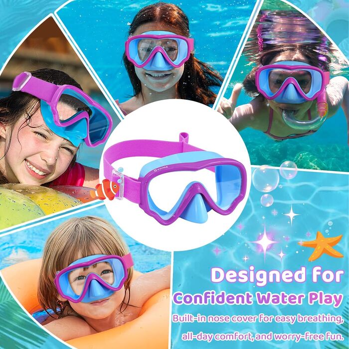 Дитячі маски для снорклінгу Vvinca: маска та трубка для плавання, 180° панорама, антизабруднення, для дітей 3-14 років (блакитний+фіолетовий)