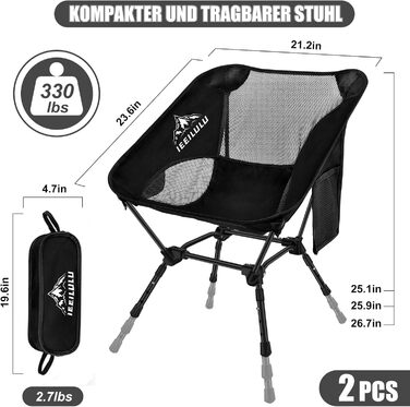 Зручний складаний стул для кемпінгу IEEILULU, 130 кг, чорний. Підходить для пікніків, риболовлі, відпочинку на природі та подорожей.