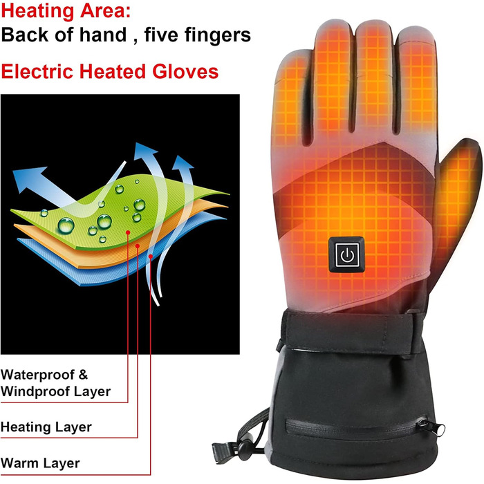 Гріючі рукавички 7.4V 3000mAh для жінок та чоловіків, водонепроникні, вітронепроникні, з підтримкою сенсорного екрану, для мотоциклів, катання на снігоходах, туризму та кемпінгу, чорні, XL