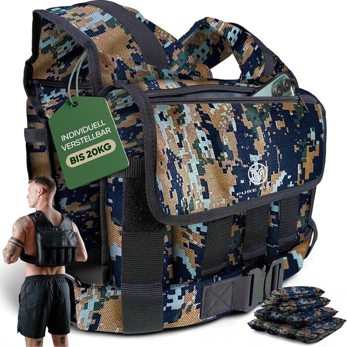 Вага для тренувань PURE MAJIN® з регулюванням, кишеня та металевий ремінь | Фітнес, воркаут, біг, калістеніка, обладнання, вага, тренувальна жилетка | Камуфляж, 20 кг