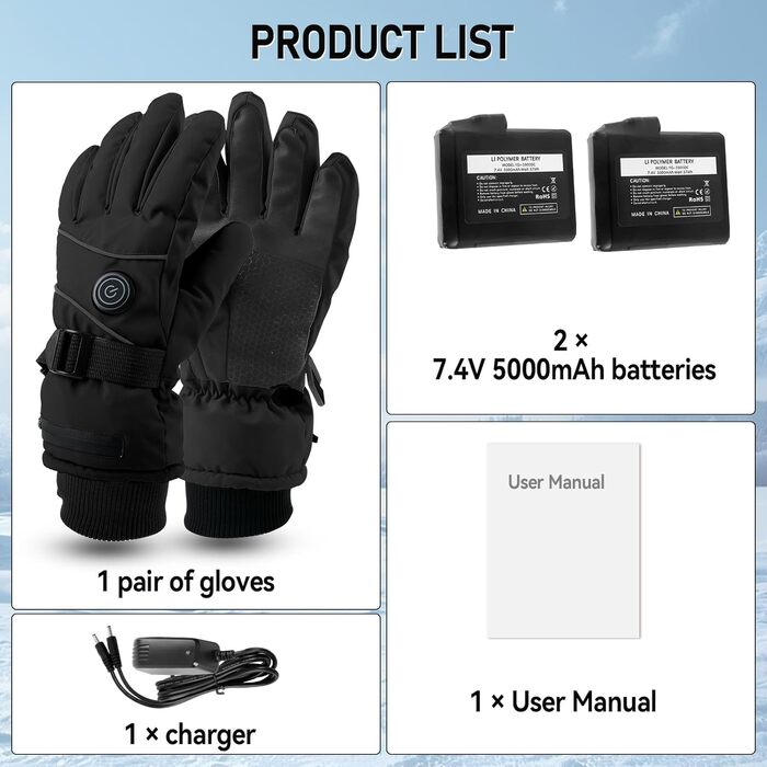 Електричні грілки для рук для чоловіків та жінок, 7.4V 5000mAh/6000mAh, акумуляторні, сенсорний екран, 3 режими 45/50/55°C, антиковзні, для катання на велосипеді, лижах, кемпінгу, чорні