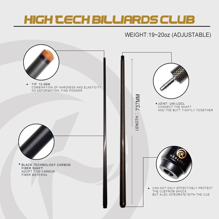 Кю (бик) для більярду KHEALING з карбону, 58 дюймів, 1/2-дюймова структура, 3-зубчастий з'єднувальний елемент, 12.4 мм наконечник, 540-567 г, для професійних гравців (жовтий)