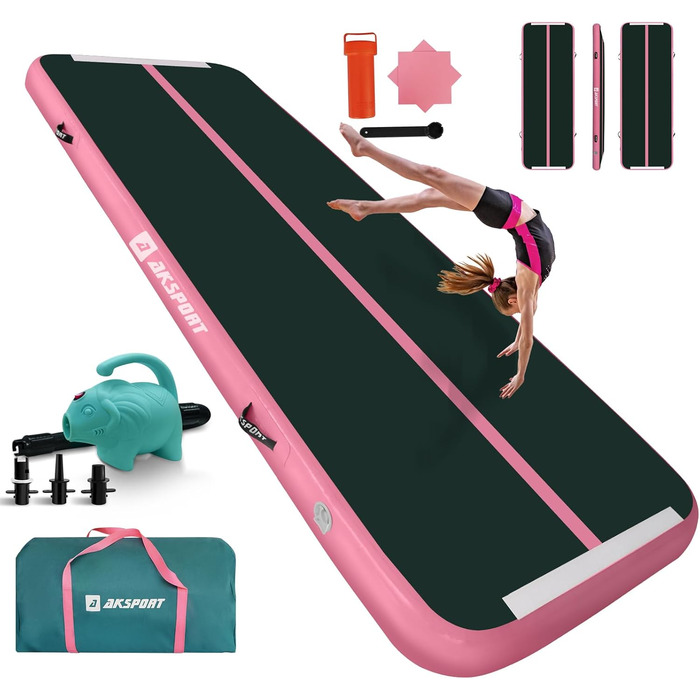 AKSPORT Килимок для гімнастики та акробатики Air Matte, 3/4/5/6м, 10/20см, з насосом, для дому, спортзалу, навчання, черлідингу (300x100x20см, чорно-зелений)