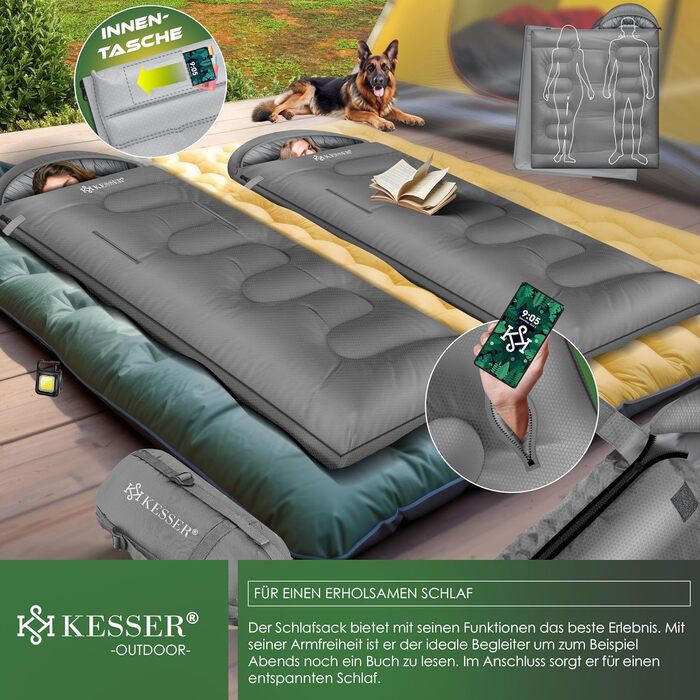 Сплячий мішок KESSER® Outdoor | Декальний спальний мішок 3-4 сезони | Для дорослих та дітей | Легкий, теплий, водостійкий | З лампою та кишенею (Сірий, 220 x 83 см)