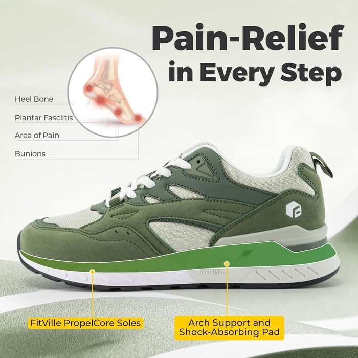 Жіночі кросівки FitVille для широкої стопи: бігові, для ходьби, фітнесу, спортивні. Зелені, розмір 42.5 EU (X-широкі)