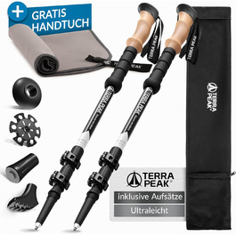 Trekking палки Terra Peak Premium, телескопічні, ультралегкі, карбон або алюміній, для чоловіків і жінок, з гумовими наконечниками, мікрофібровий рушник у комплекті, для трекінгу та скандинавської ходьби