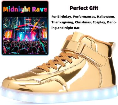 APTESOL LED кросівки високі, світлодіодні, зарядка USB, золото, для жінок та чоловіків, 42 EU