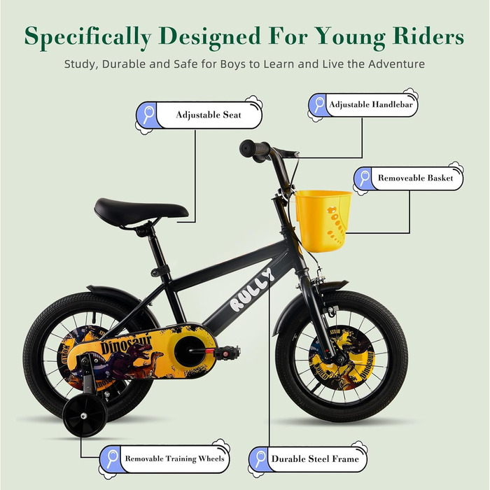 Дитяче велосипед RULLY Динозавр для хлопчиків 2-7 років, 12/14/16 дюймів, BMX, з підставкою