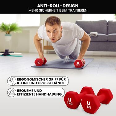 Гантелі неопренові Unycos 2 шт. 1-10 кг, шісткутні, антиковзаючі для фітнесу, силових тренувань, пілатесу та дому (#13 Червоний, 2 x 1 кг)