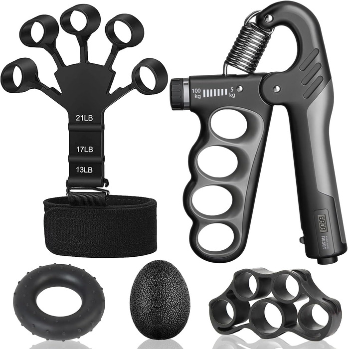 Набір для зміцнення хватки рук (5 шт.) – тренажери для рук, розтягувач пальців, кільце для хватки, м'яч для зняття стресу. Для спортсменів, чорний