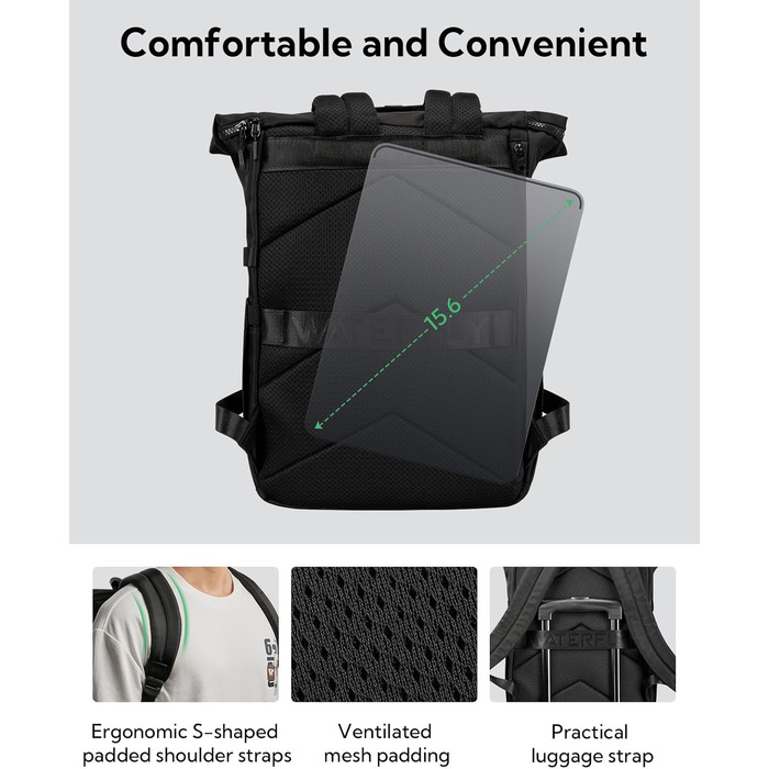 Рюкзак WATERFLY Rolltop 16-21л для чоловіків і жінок, стильний міський рюкзак із відділенням для ноутбука 16