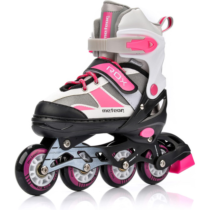 Дитячі ролики Meteor Rox з регулюванням, рожево-сірі. ABEC-7 підшипники, PU колеса 72мм, рама з алюмінію. Розміри S30-33, M34-37, L38-41