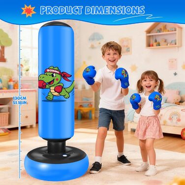Дитячий боксерський мішок Ninonly 130 см з рукавичками для боксу, карате та тхеквондо для хлопчиків та дівчаток, динозавр